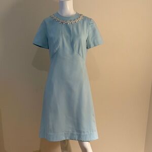 Handmade 1950s Blue Dress with Embellished Neckline